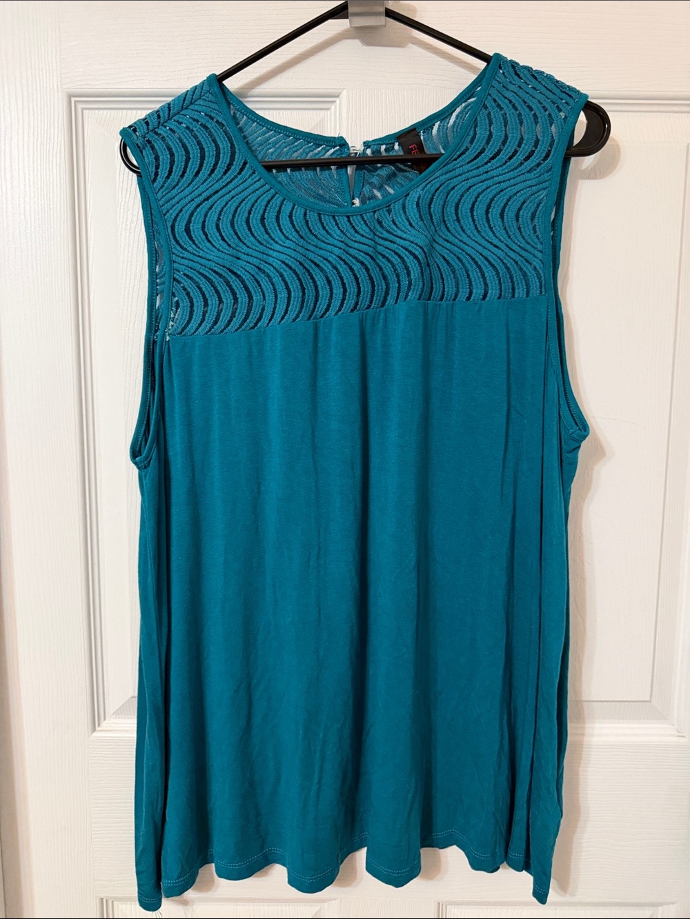 Sleeveless Teal Tank Top with Crochet Yoke